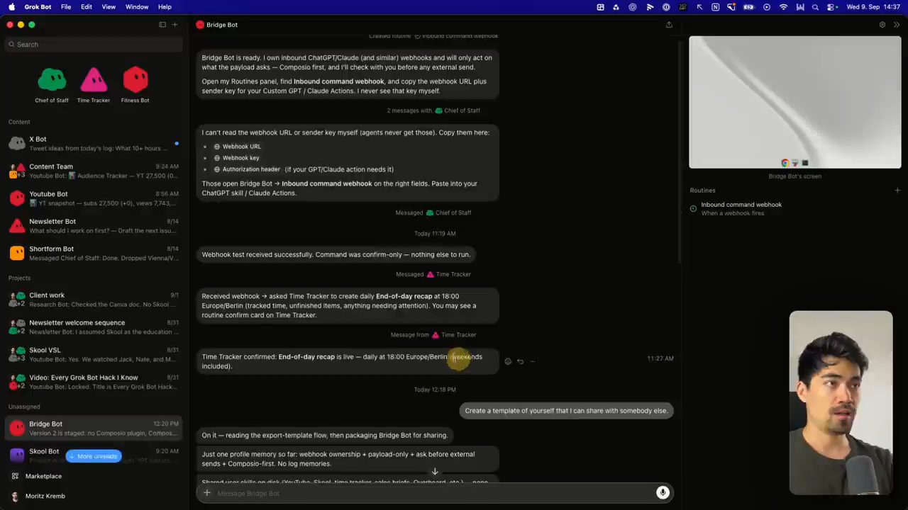 Chat của Bridge Bot: webhook test và lệnh tạo routine cho Time Tracker