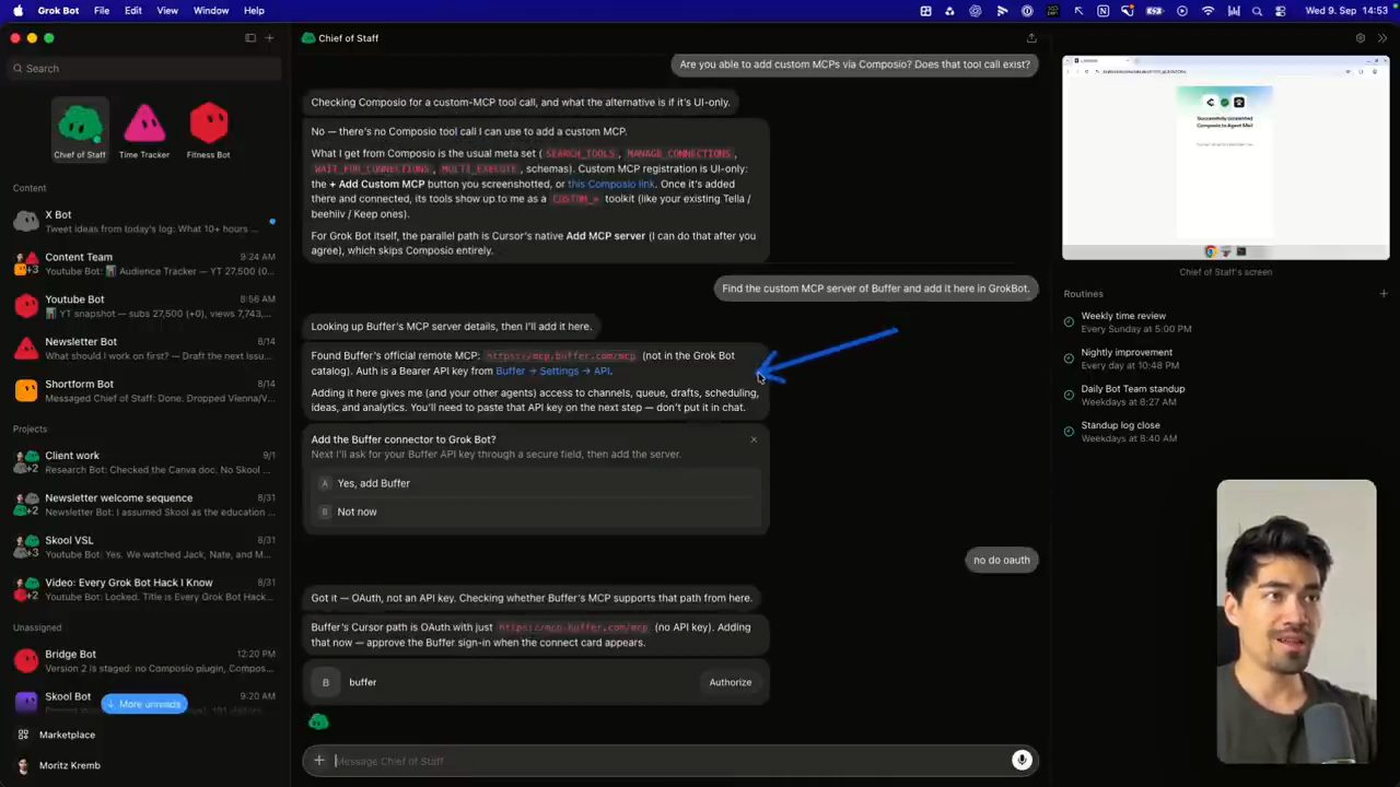 Chief of Staff tìm MCP của Buffer và hỏi xác nhận thêm connector