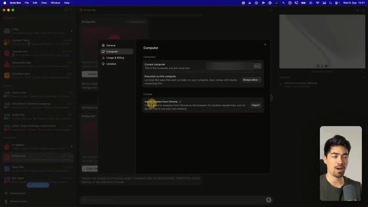 Cửa sổ Settings mục Computer trong Grok Bot
