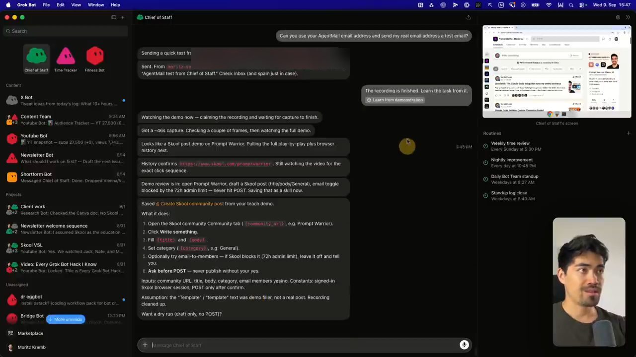 Chief of Staff xem lại phần demo và lưu skill Create Skool community post