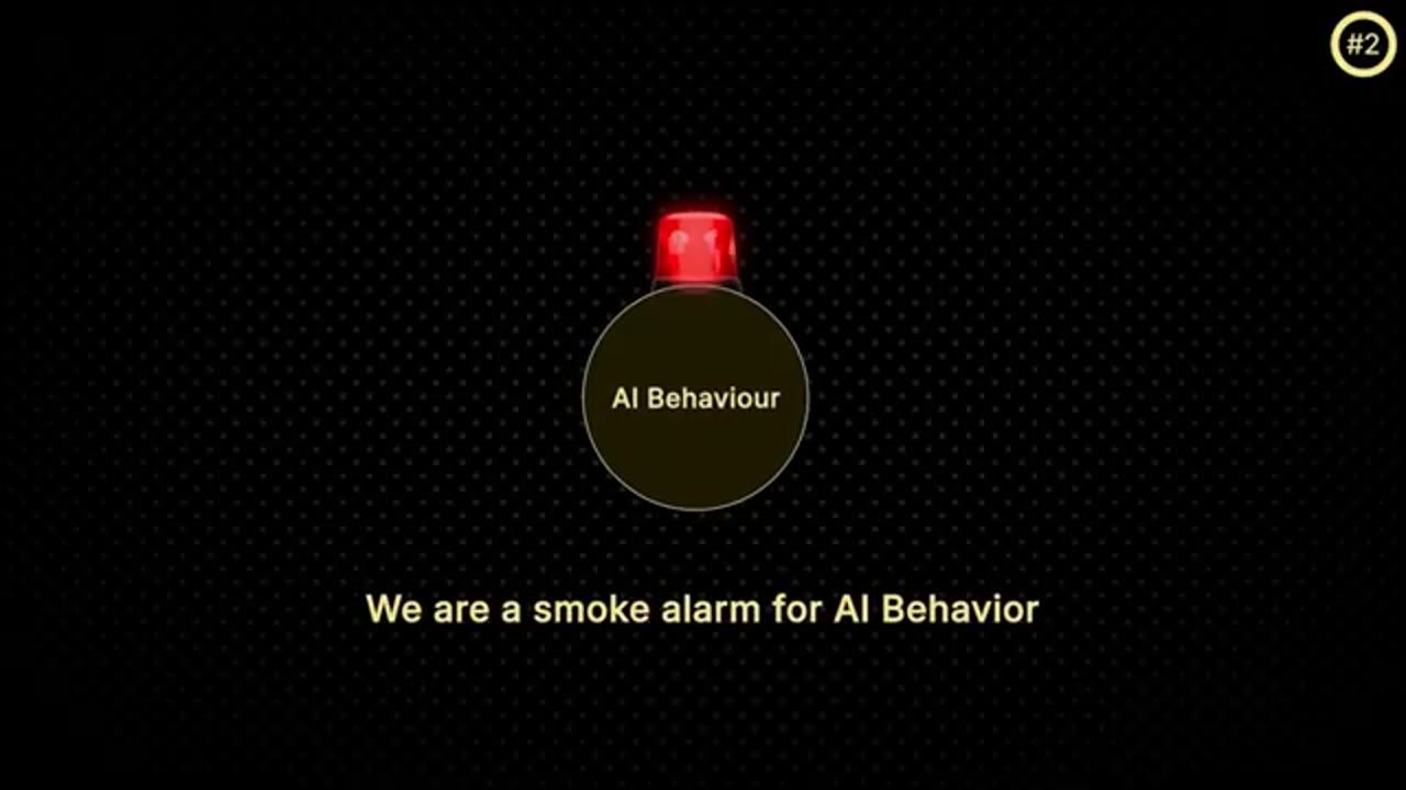 Còi báo động đỏ trên vòng tròn AI Behaviour, dòng chữ We are a smoke alarm for AI Behavior