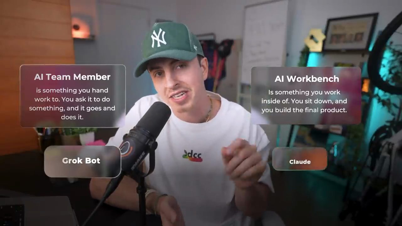 Austin ngồi trước micro, hai thẻ chữ AI Team Member với nhãn Grok Bot và AI Workbench với nhãn Claude