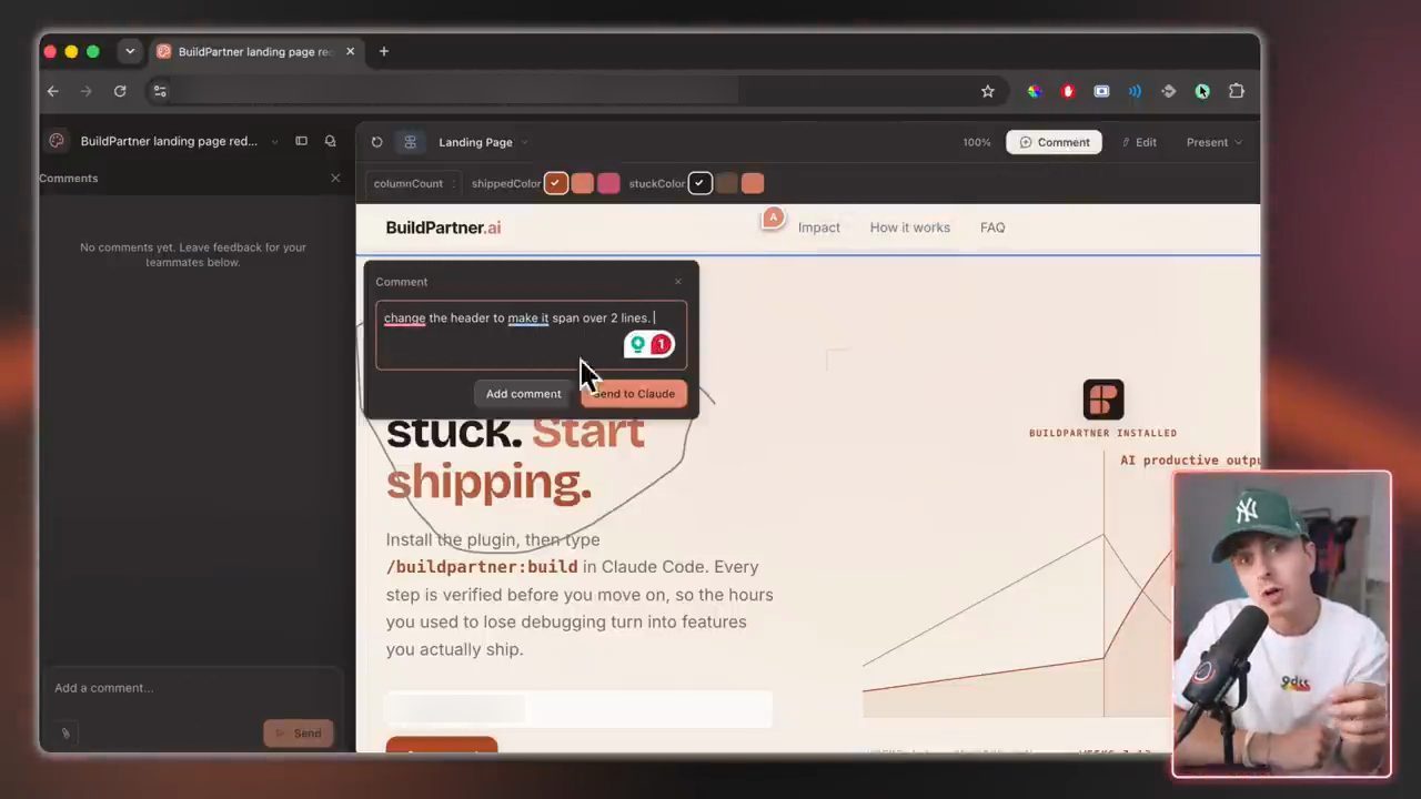 Claude Design: một trang landing page với ô Comment đang gõ yêu cầu đổi header thành hai dòng