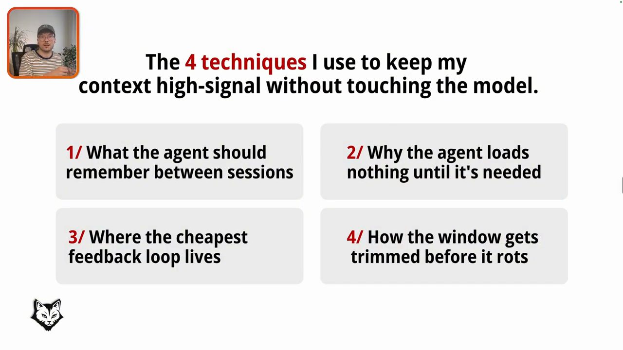 Slide The 4 techniques I use to keep my context high-signal without touching the model với bốn ô