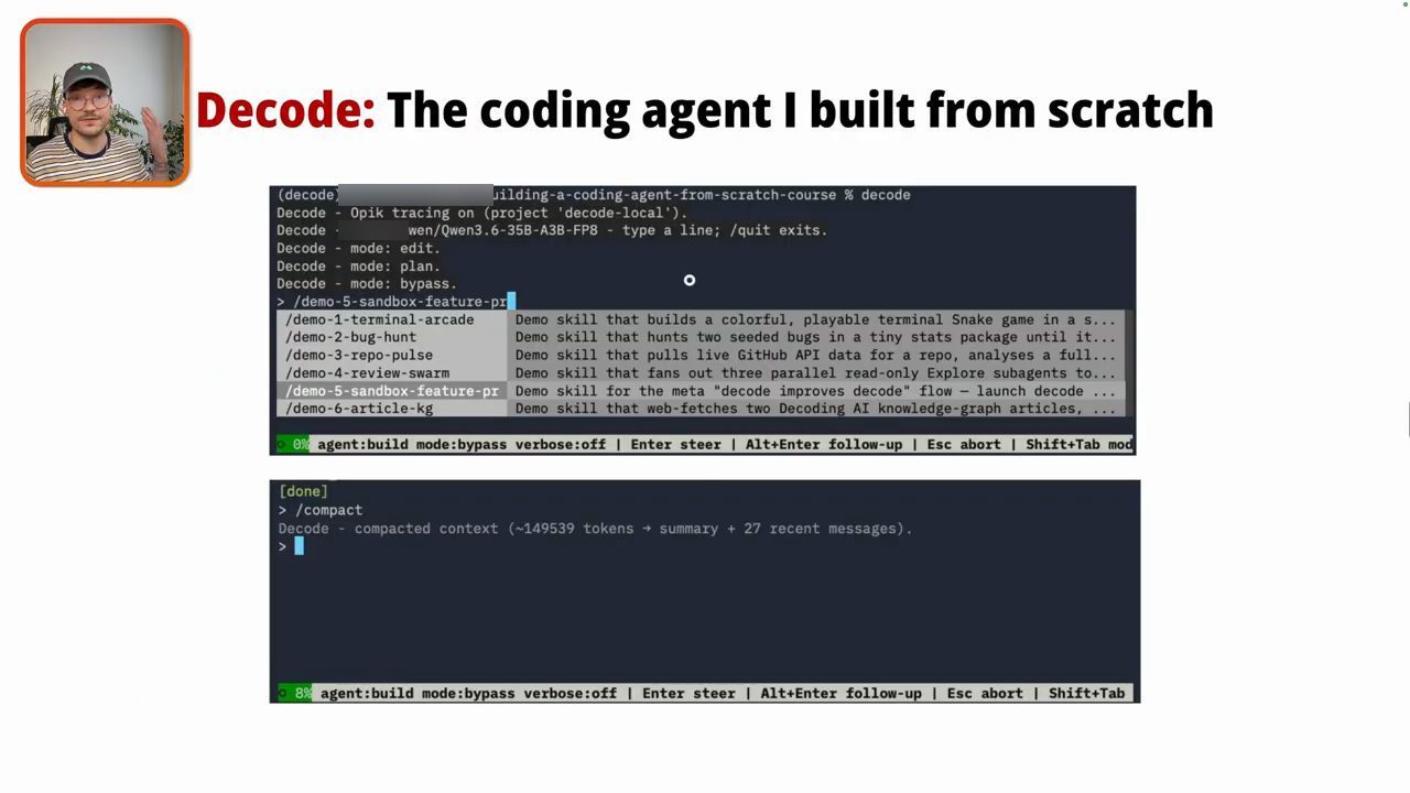 Terminal của Decode với danh sách lệnh demo và lệnh /compact
