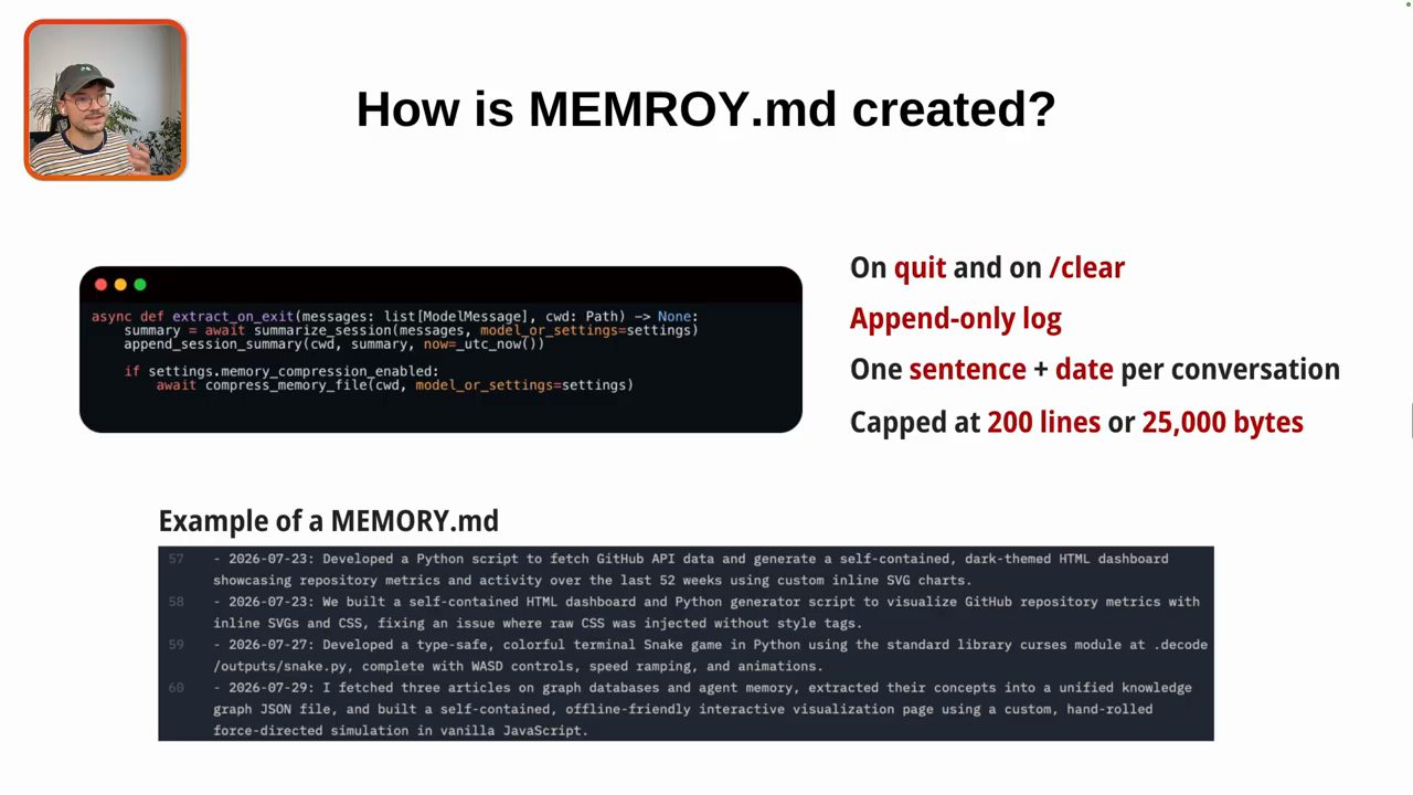 Slide How is MEMROY.md created với hàm extract_on_exit và ví dụ một file MEMORY.md