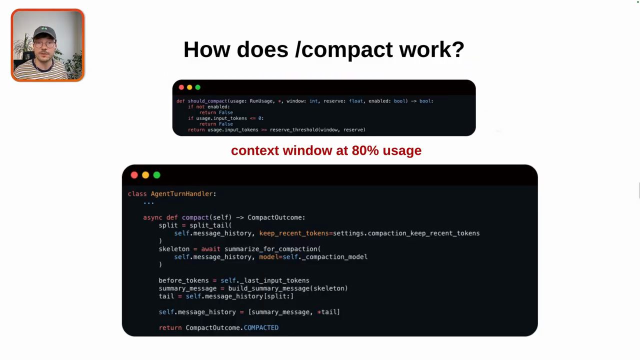 Slide How does /compact work với hàm should_compact và class AgentTurnHandler