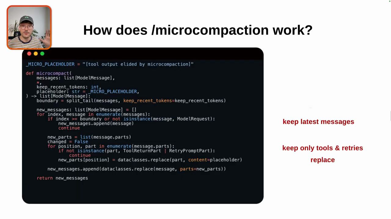Slide How does /microcompaction work với hàm microcompact và ghi chú keep latest messages, keep only tools and retries, replace