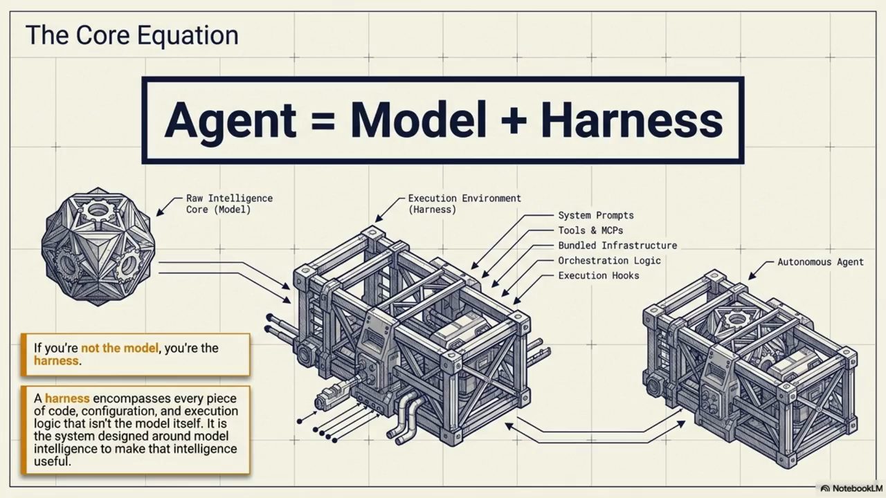 Slide The Core Equation: Agent = Model + Harness, với khối model, khối harness và agent tự chủ