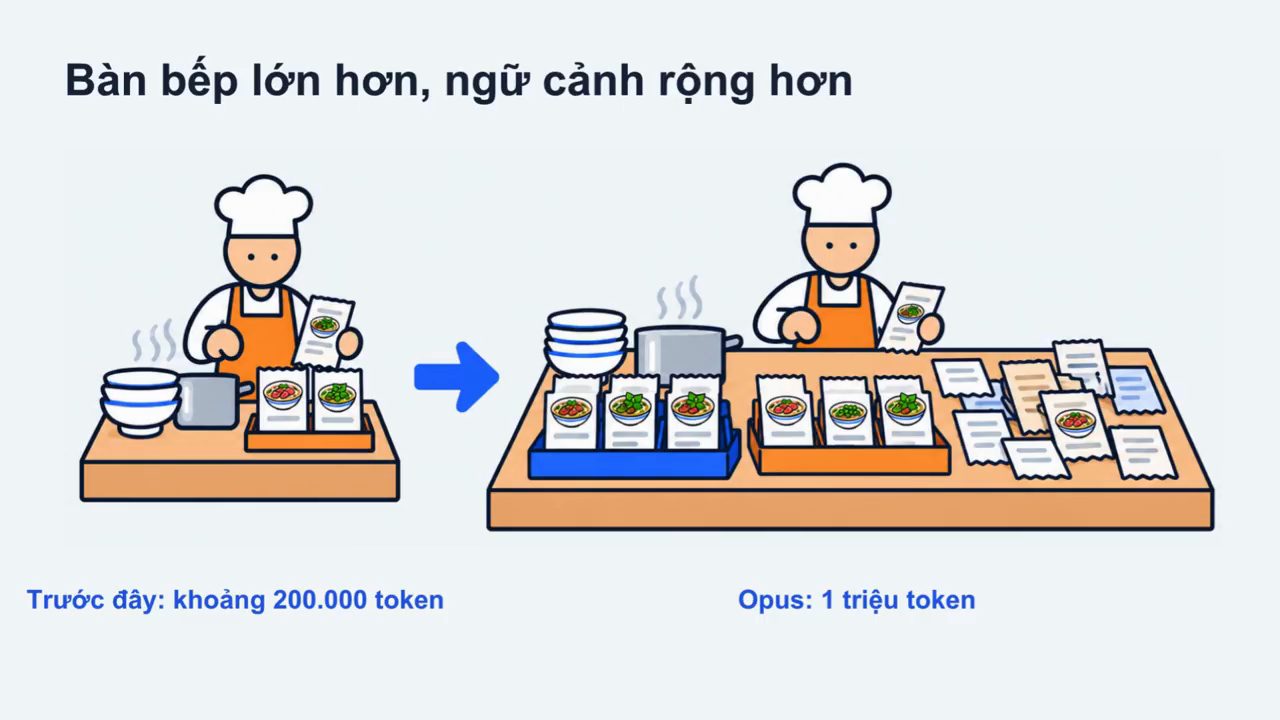 Slide Bàn bếp lớn hơn, ngữ cảnh rộng hơn: trước đây khoảng 200.000 token, Opus 1 triệu token