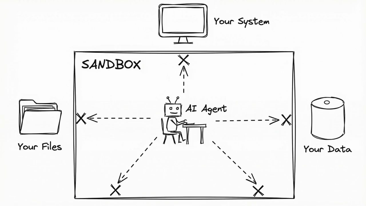 Hình vẽ tay SANDBOX: AI Agent ngồi trong khung, các mũi tên tới Your Files, Your System, Your Data đều bị chặn
