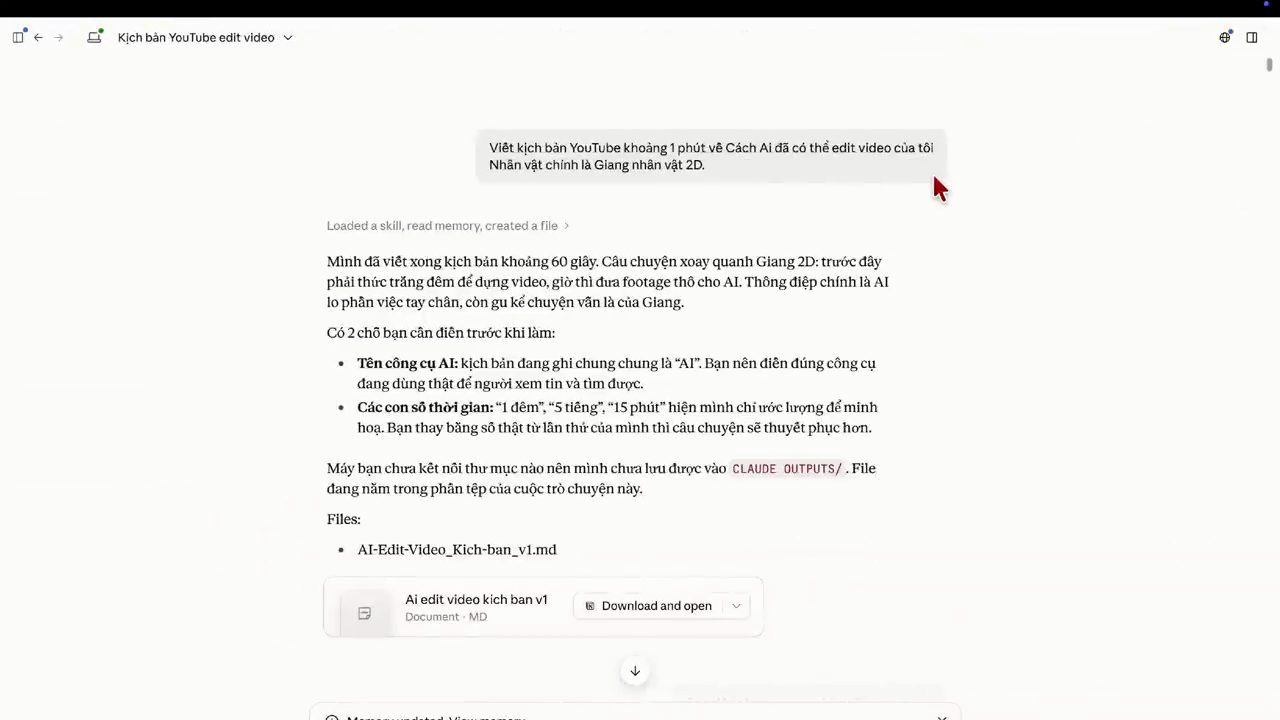 Cuộc trò chuyện Claude tên Kịch bản YouTube edit video, Claude trả lời đã viết xong kịch bản khoảng 60 giây và đính kèm file markdown