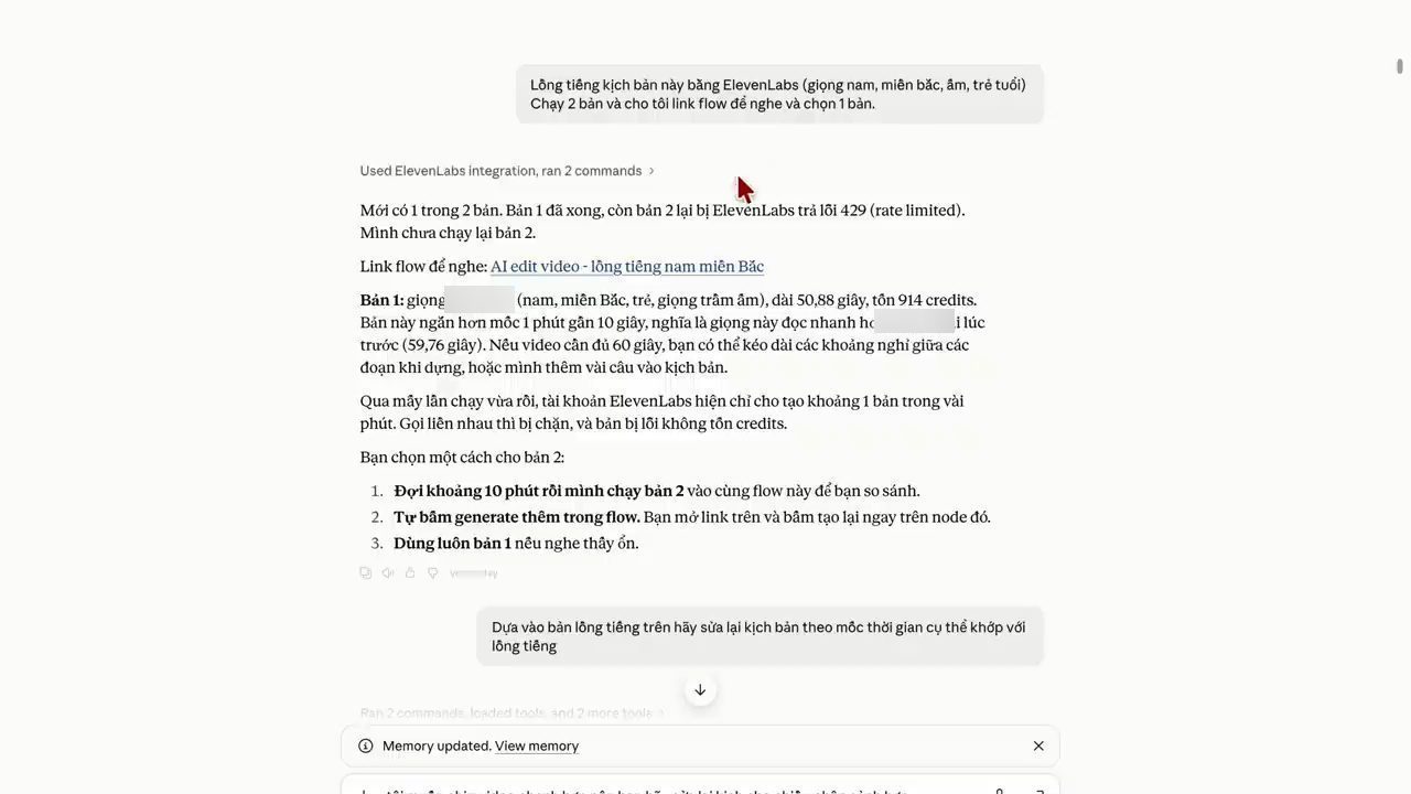 Claude trả lời sau khi dùng ElevenLabs integration: bản 1 xong, bản 2 bị lỗi 429, kèm link flow để nghe
