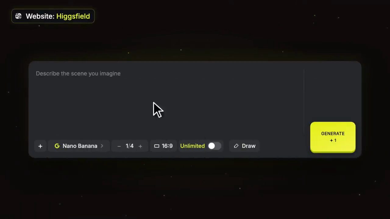 Ô tạo ảnh trên website Higgsfield với model Nano Banana, tỉ lệ 16:9 và nút Unlimited