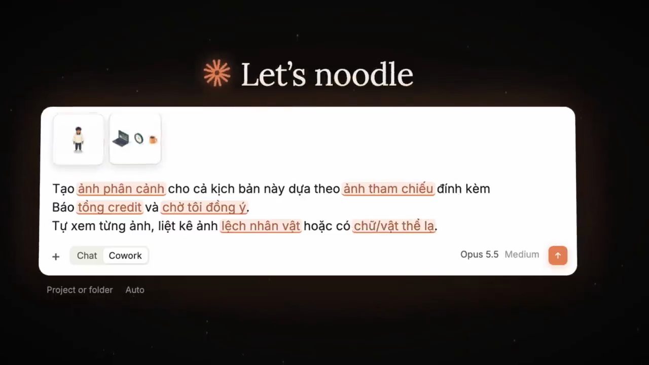 Ô chat Claude với hai ảnh tham chiếu đính kèm và câu lệnh tạo ảnh phân cảnh