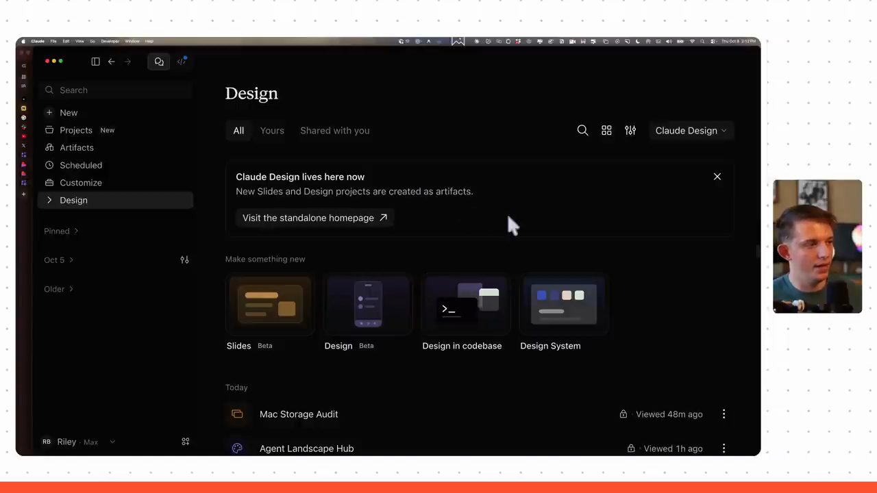 Trang Design trong Claude desktop app với thông báo Claude Design lives here now