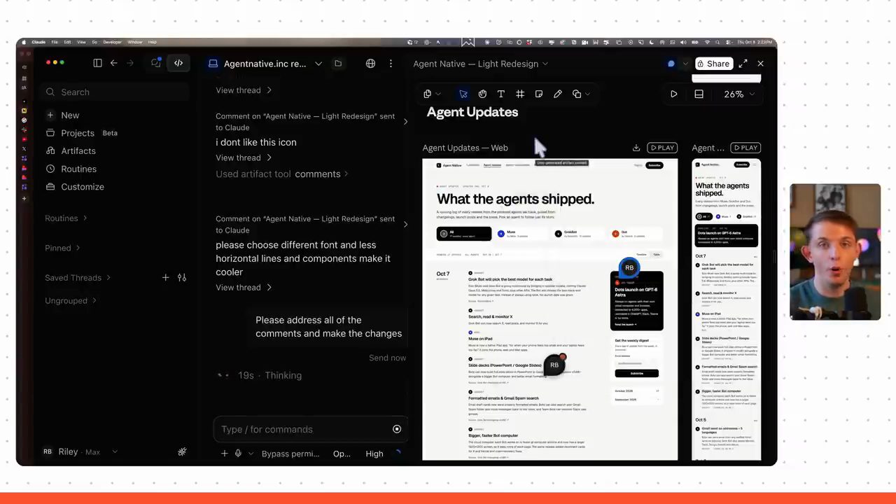 Khung chat liệt kê các comment gửi Claude bên cạnh board Agent Native Light Redesign