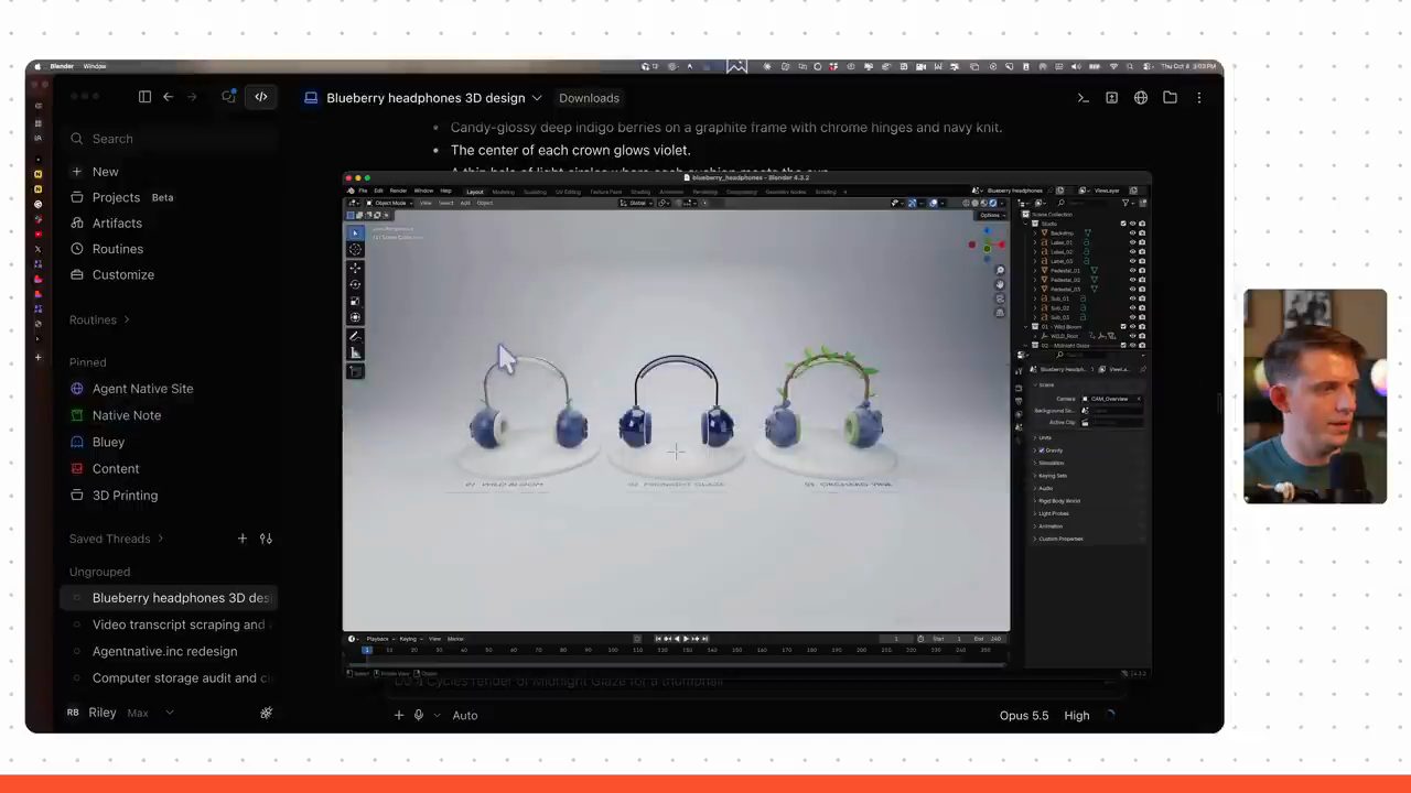 Cửa sổ Blender hiện ba mẫu tai nghe có hai tai hình quả việt quất, nằm trên chat Claude Code
