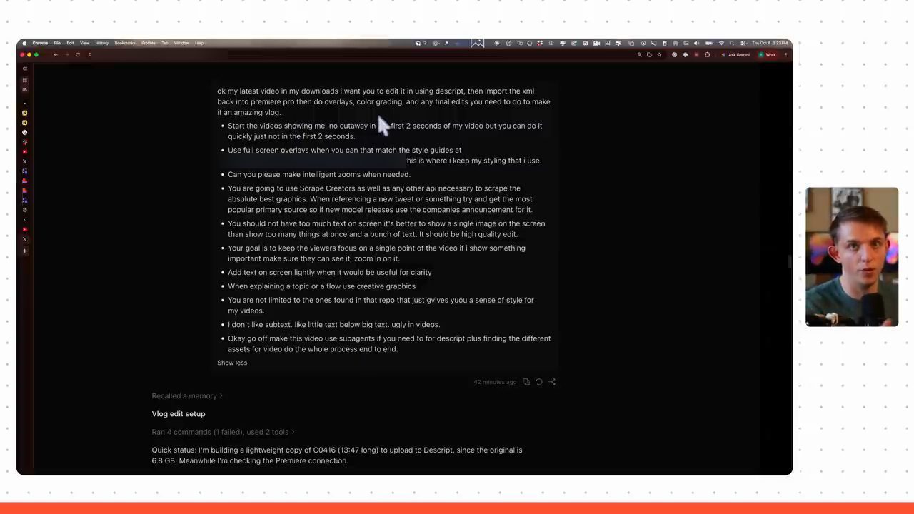 Prompt edit vlog dài với nhiều gạch đầu dòng về overlay, zoom, đồ hoạ và subagent