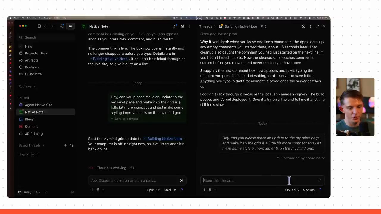 Project Native Note: chat coordinator bên trái chuyển yêu cầu sang thread Building Native Note bên phải