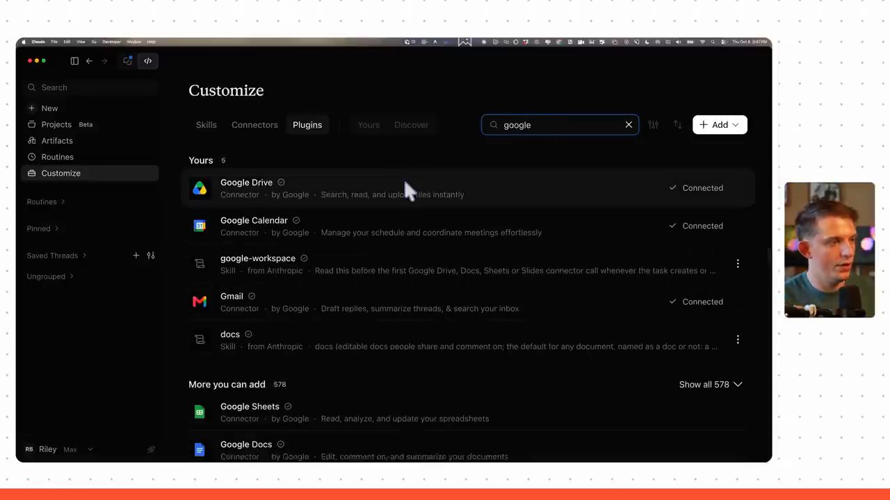 Trang Customize, tab Plugins, tìm google: Google Drive, Google Calendar, Gmail đã Connected