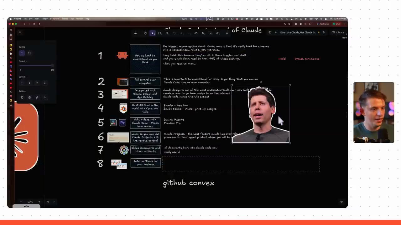 Board Excalidraw liệt kê tám lý do dùng Claude Code, có sticker ảnh Sam Altman vừa được thả lên