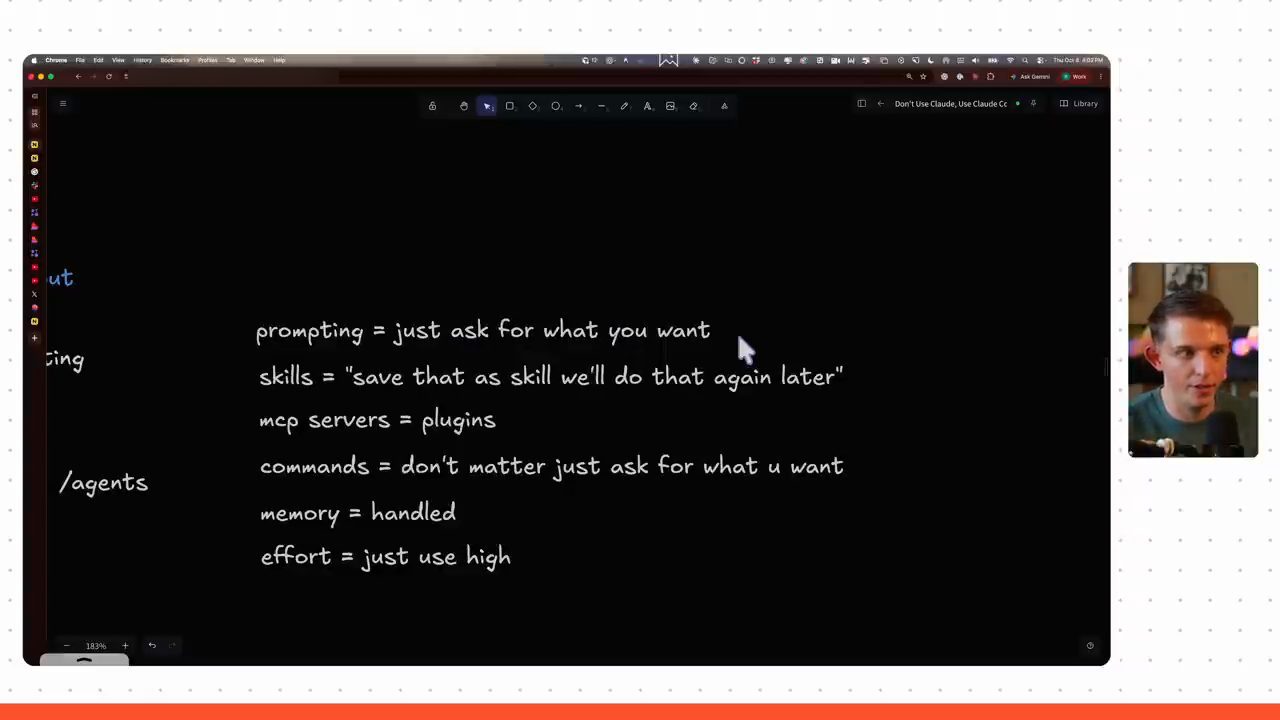 Bảng viết tay: prompting, skills, mcp servers, commands, memory, effort, mỗi cái kèm một câu giải thích ngắn