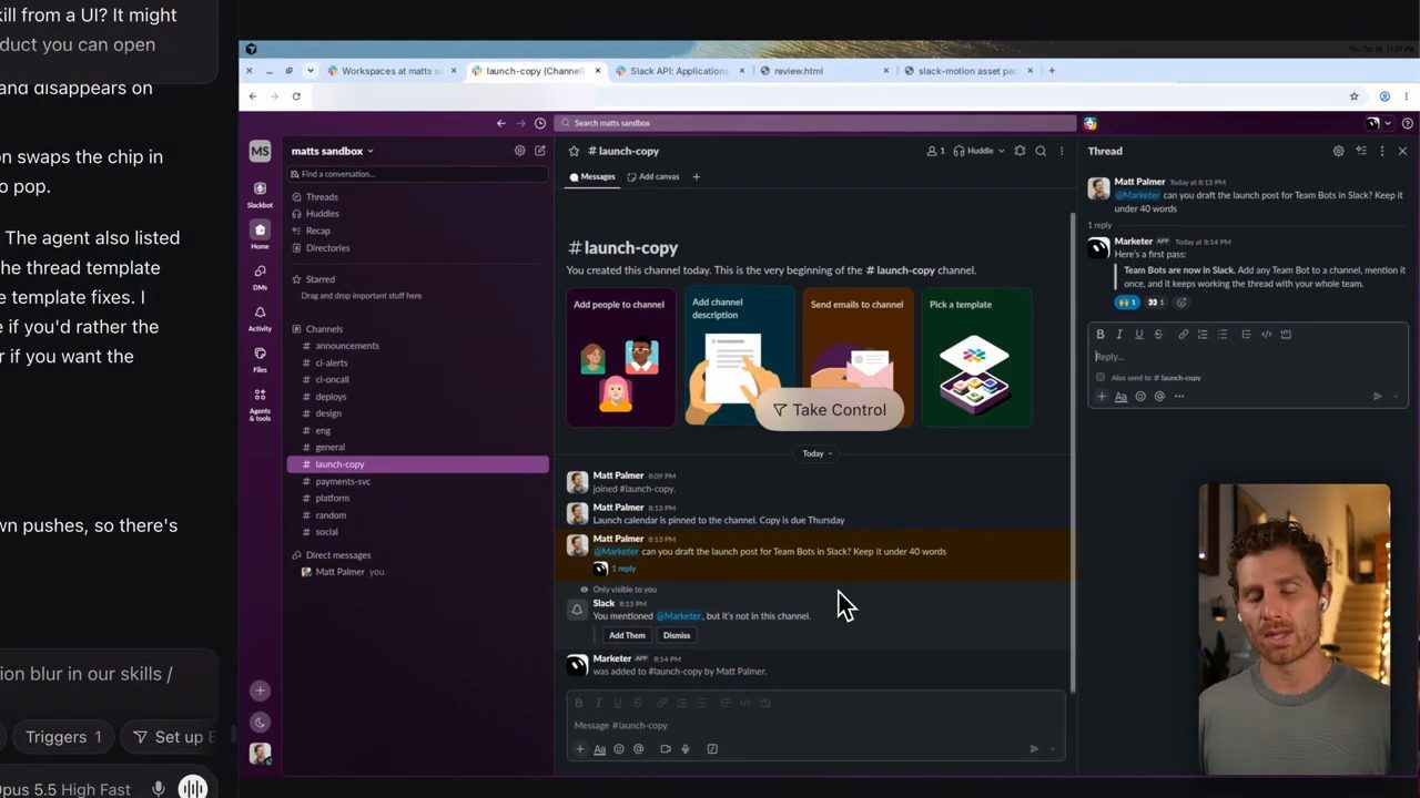 Chrome trong máy ảo của agent đang mở Slack, workspace matts sandbox, channel launch-copy