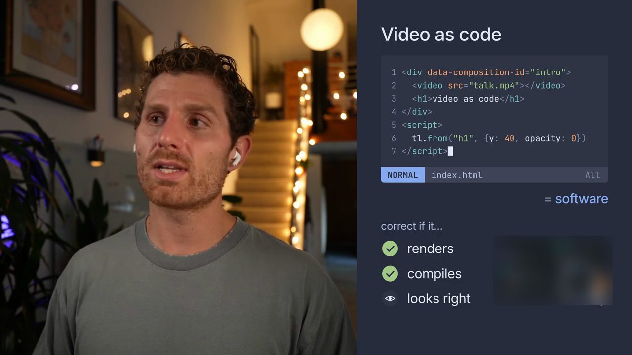 Slide Video as code: đoạn HTML có thẻ video và script animation, kèm ba điều kiện renders, compiles, looks right