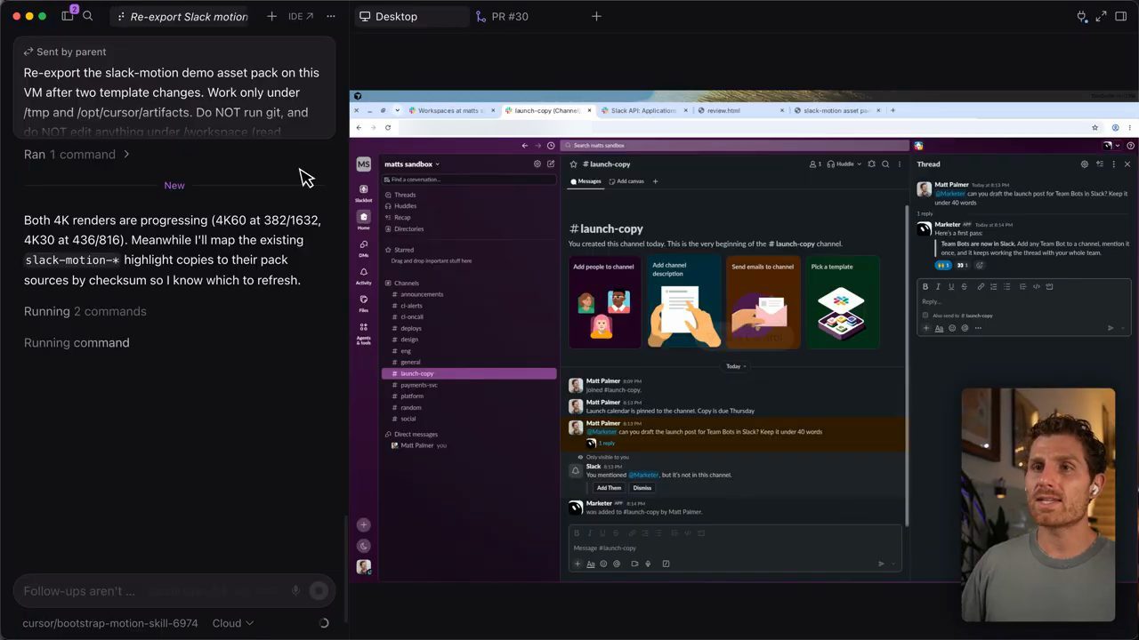 Cursor: một agent con nhận lệnh từ agent cha để re-export asset pack, bên phải là Slack trong máy ảo