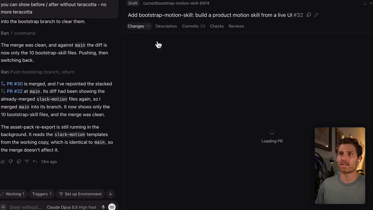 Cursor: agent báo đã merge PR 30 và trỏ PR 32 về main; bên phải là PR Add bootstrap-motion-skill