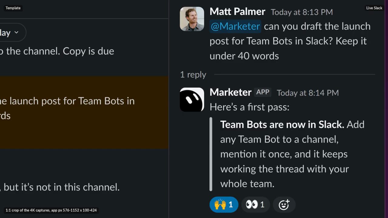 Bản render Slack phóng to: Matt Palmer nhờ Marketer viết bài ra mắt Team Bots dưới 40 từ, Marketer trả lời bản nháp đầu