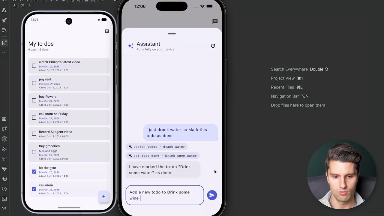 iPhone với khung Assistant: tin nhắn I just drank water so Mark this todo as done, hai tool call search_todos và set_todo_done, và câu trả lời