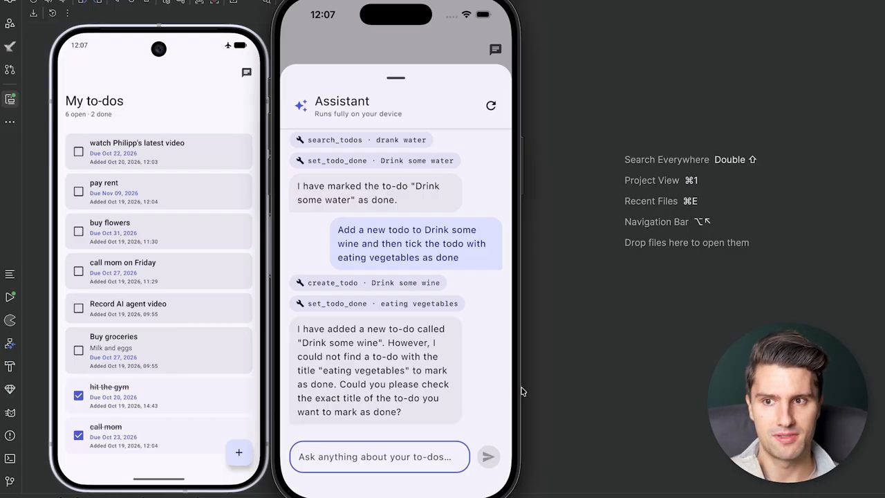 Hai điện thoại: danh sách to-do trên Android và khung Assistant trên iPhone với hai tool call create_todo và set_todo_done