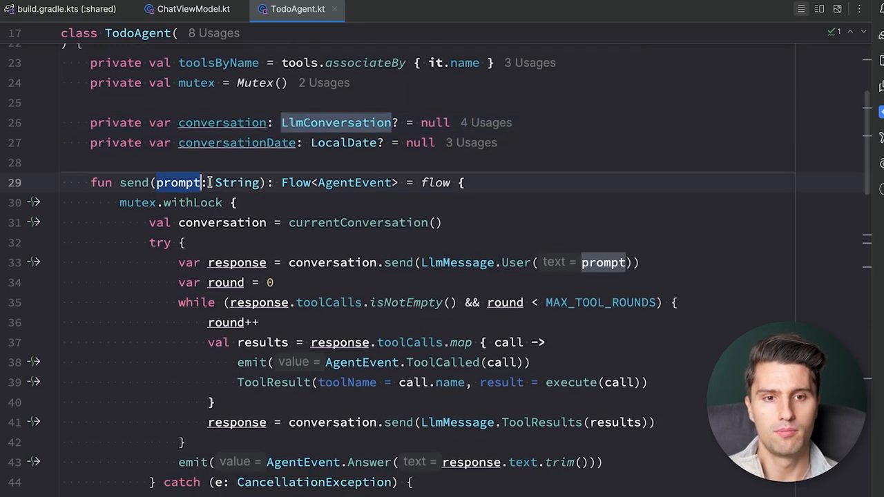 File TodoAgent.kt: hàm send(prompt) với mutex.withLock, vòng while trên response.toolCalls và MAX_TOOL_ROUNDS