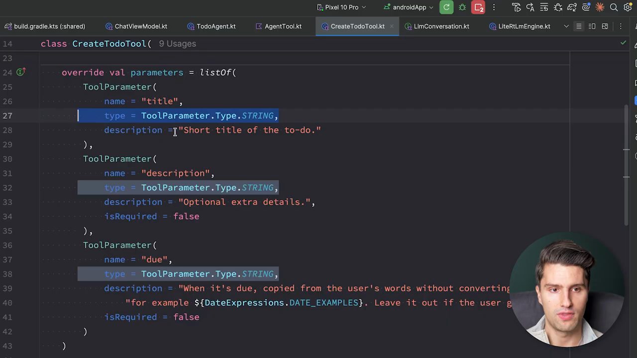File CreateTodoTool.kt: danh sách parameters với title, description và due, mỗi cái có type STRING và description