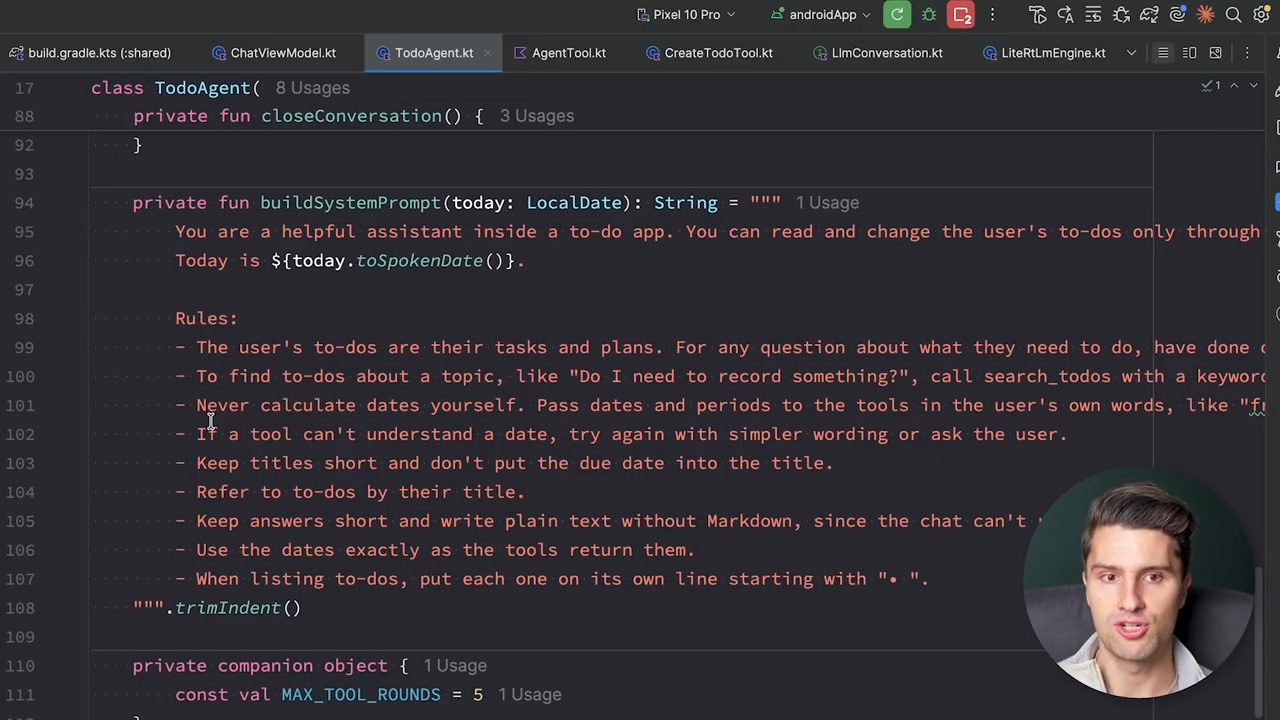Hàm buildSystemPrompt trong TodoAgent.kt với dòng Today is ${today.toSpokenDate()} và danh sách Rules
