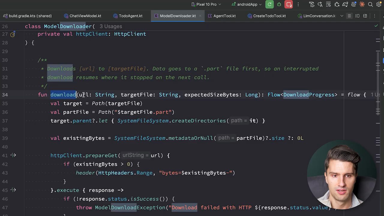 File ModelDownloader.kt: hàm download(url, targetFile, expectedSizeBytes) trả về Flow<DownloadProgress>, dùng file .part và header Range