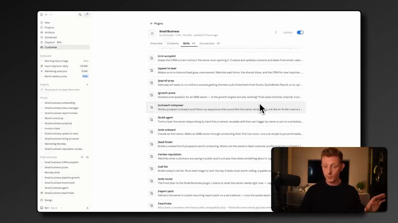Trang plugin Small Business by Anthropic, tab Skills 44, Connectors 35