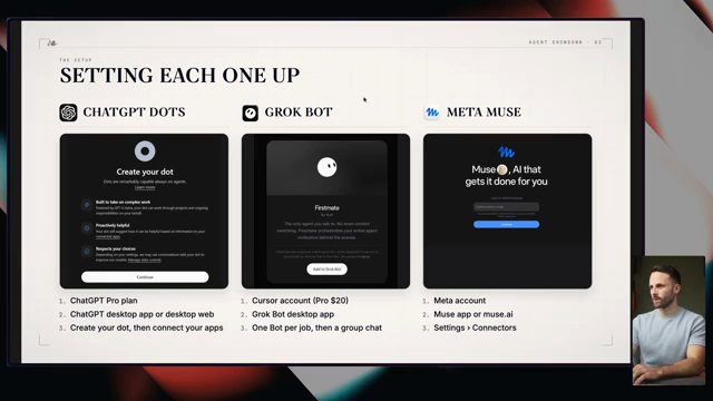 Slide Setting each one up với ba màn hình tạo agent của ChatGPT Dots, Grok Bot và Meta Muse