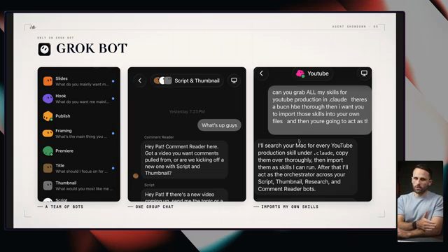 Slide Grok Bot với danh sách bot, một group chat và tin nhắn nhờ bot import skill