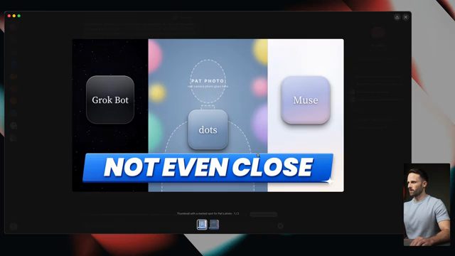 Mockup thumbnail của Grok Bot: ba ô Grok Bot, dots, Muse, chỗ trống ghi Pat photo và dòng chữ Not even close