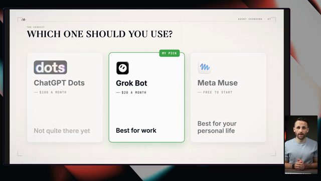 Slide Which one should you use: ChatGPT Dots chưa tới, Grok Bot tốt nhất cho công việc và là lựa chọn của Pat, Meta Muse tốt nhất cho đời sống cá nhân