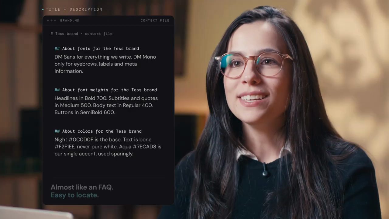 File BRAND.MD với các heading About fonts, About font weights, About colors for the Tess brand
