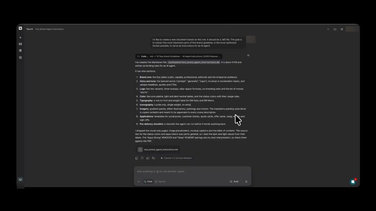 Kết quả trong Tess chat: file Markdown tess_brand_agent_instructions.md với chín mục