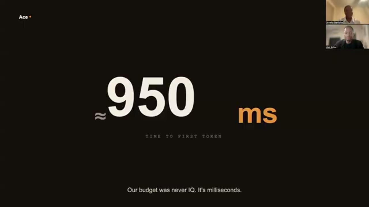 Slide: ≈950 ms time to first token, Our budget was never IQ. It's milliseconds.