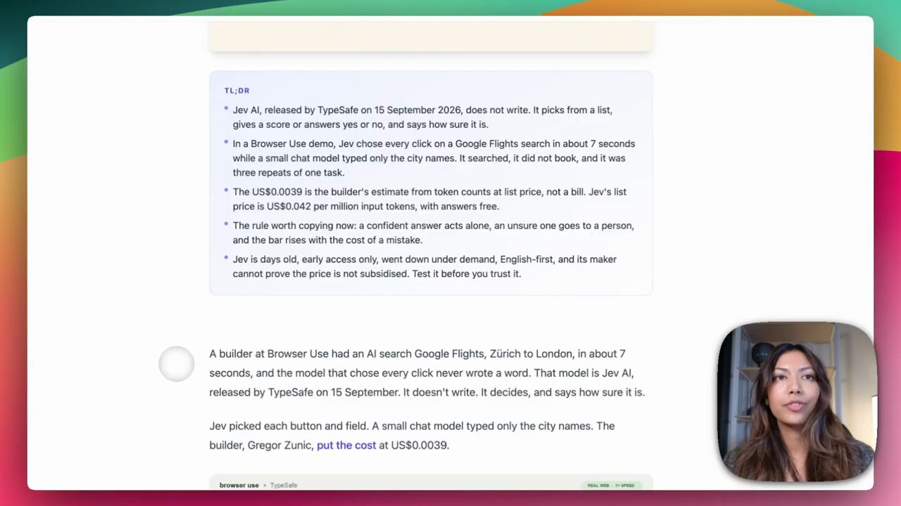 Bài viết về Jev với khung TL;DR năm ý và đoạn mở đầu về demo Browser Use