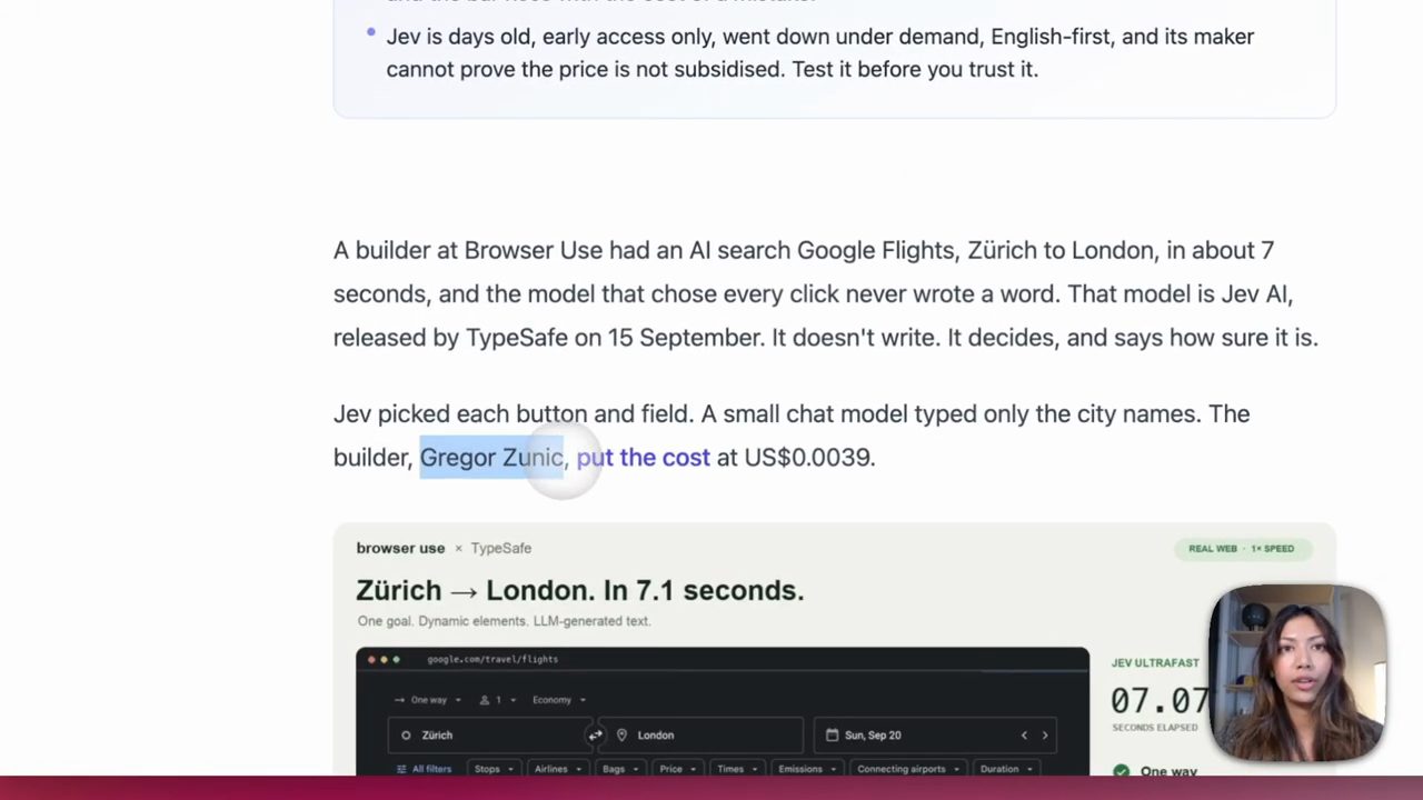 Đoạn bài viết nêu Gregor Zunic và thẻ demo browser use × TypeSafe: Zürich tới London trong 7,1 giây