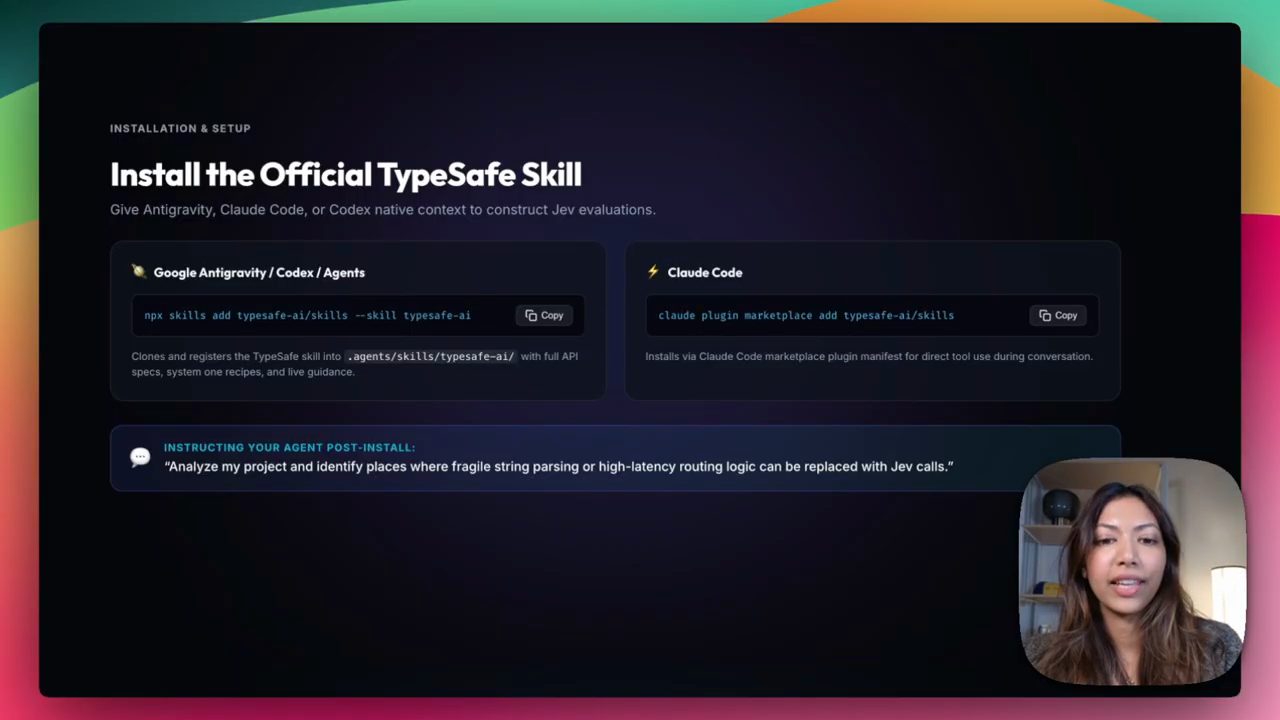 Slide Install the Official TypeSafe Skill với lệnh cho Google Antigravity / Codex và cho Claude Code
