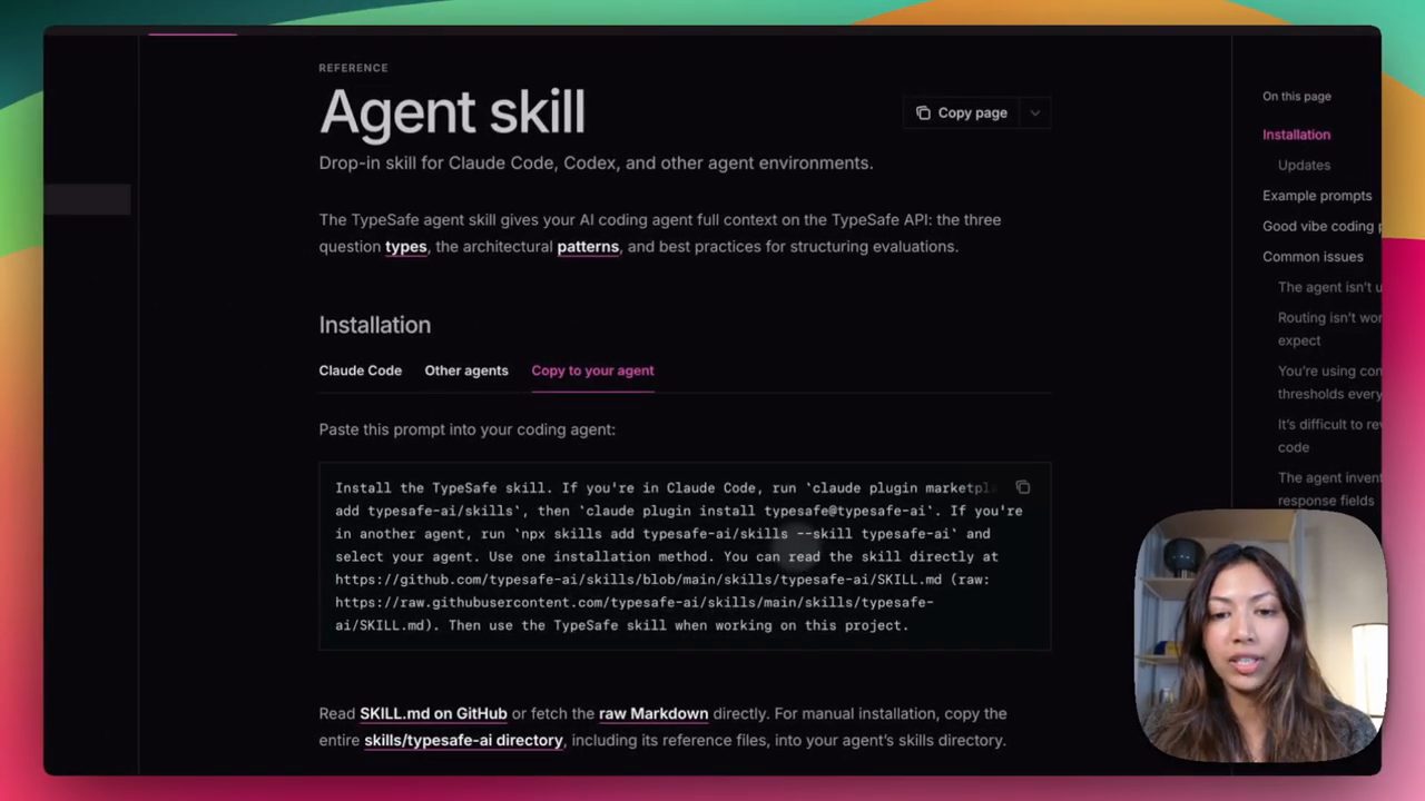 Trang tài liệu Agent skill của TypeSafe, tab Copy to your agent với prompt cài đặt
